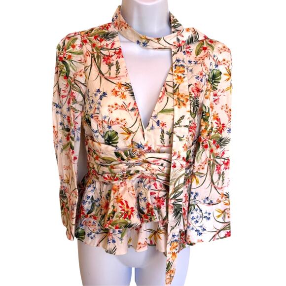 Hellessy Tops - Hellessy Fitted Tie Front Floral Blouse with Ruffled Peplum Plunging V Neck s 2